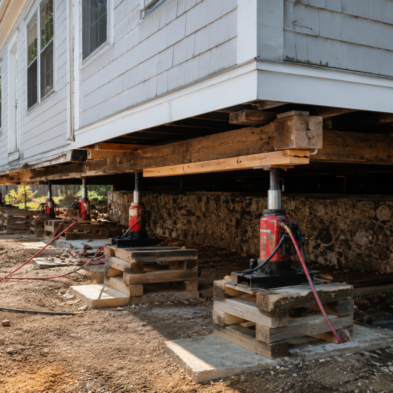 House being lifted with hydraulic jacks during foundation repair and structural stabilization work