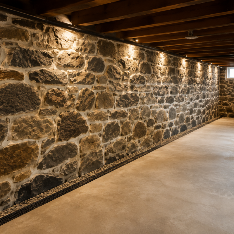 Historic fieldstone foundation in a residential basement with visible stone masonry and mortar joints