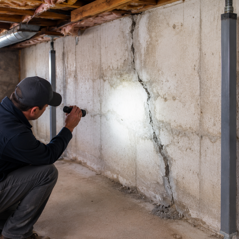 Foundation repair contractor inspecting cracks and structural movement in a residential basement