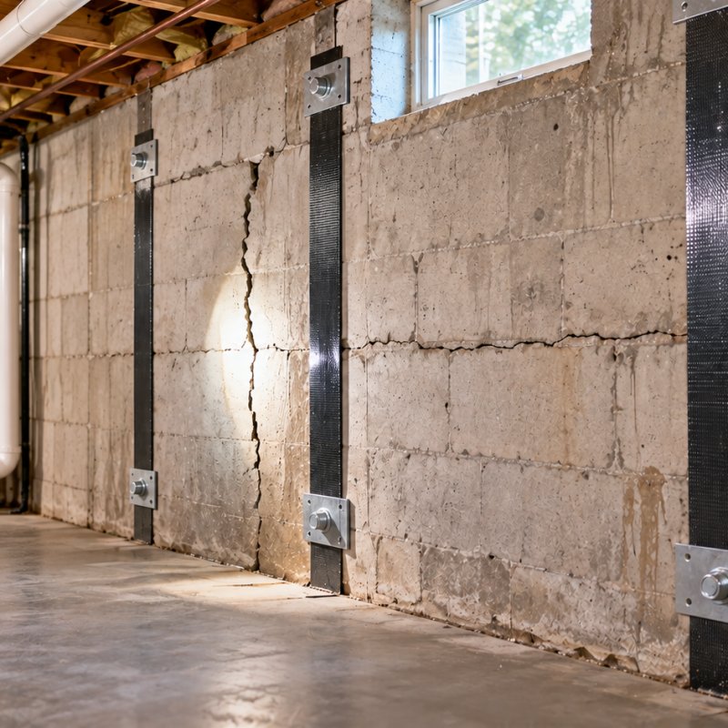 Cracked basement foundation wall reinforced with carbon fiber straps in a Connecticut home